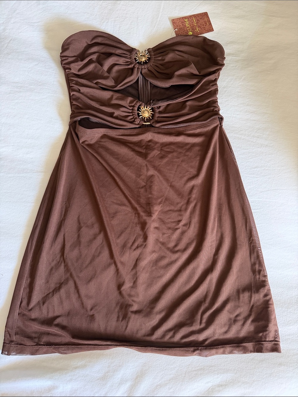 Cupshe Chocolate Strapless Cutout Ruched Dress with Sunburst Accents